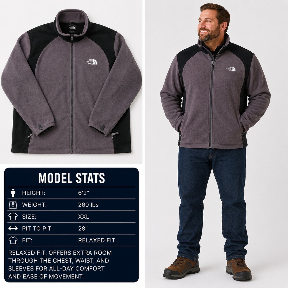The North Face Mens XXL Gray Black Full Zip Fleece Jacket Relaxed Fit 953